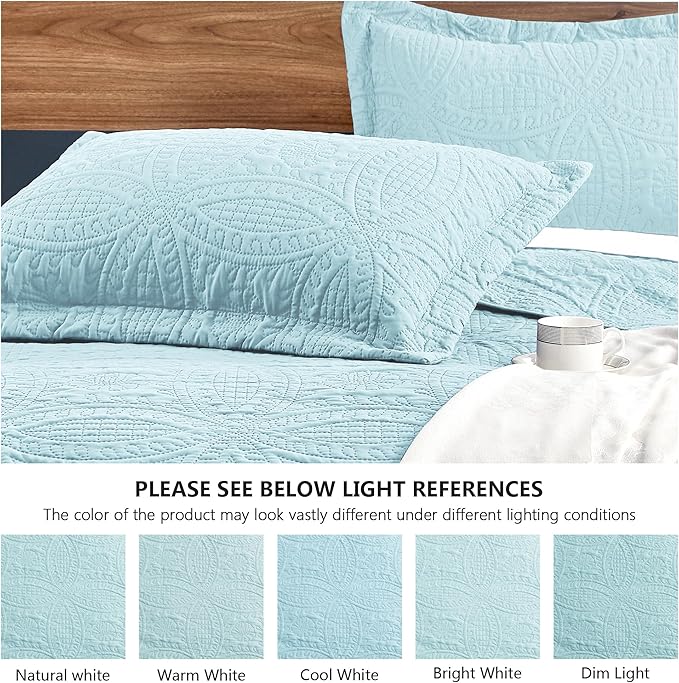 Love's cabin Quilts for Queen Bed Spa-Blue Bedspreads - Soft Bed Summer Lightweight Bedspread Comforter - Modern Style Coin Pattern Coverlet for All Season - 3 Pieces (1 Quilt, 2 Pillow Shams)