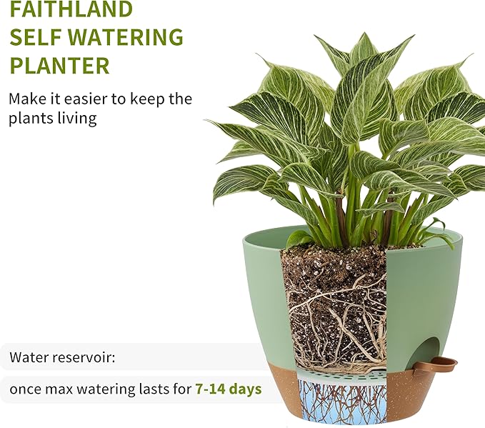 FaithLand 3-Pack Planter Pots, 10 9 8 Inch Self Watering Flower Pots for Indoor Outdoor Garden Plants, Green with Brown