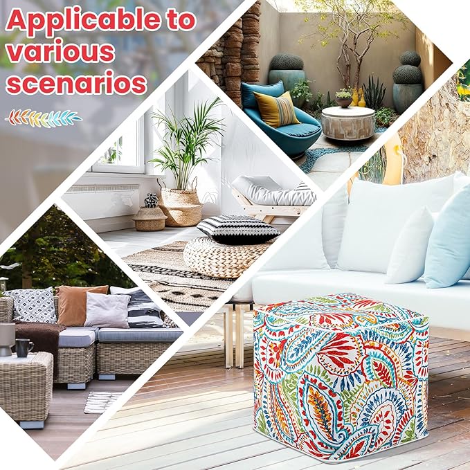 Juexica 1 Pack Ottoman Poufs Indoor Outdoor Inflatable Ottoman Stool Cube Pouffe Square Footstool with Handle for Patio Garden Home Boho Decorative Living Room, Bedroom (16 x 16 x 16 Inches)