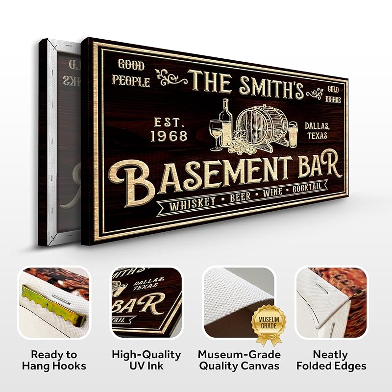 Tailored Canvases Custom Bar Sign - Personalized Basement Bar Decor, Lounge Canvas Wall Art for Man Cave, Kitchen, Pub & Diner, Rustic Home Bar Sign, Ready-to-Hang, Unique Printable Art
