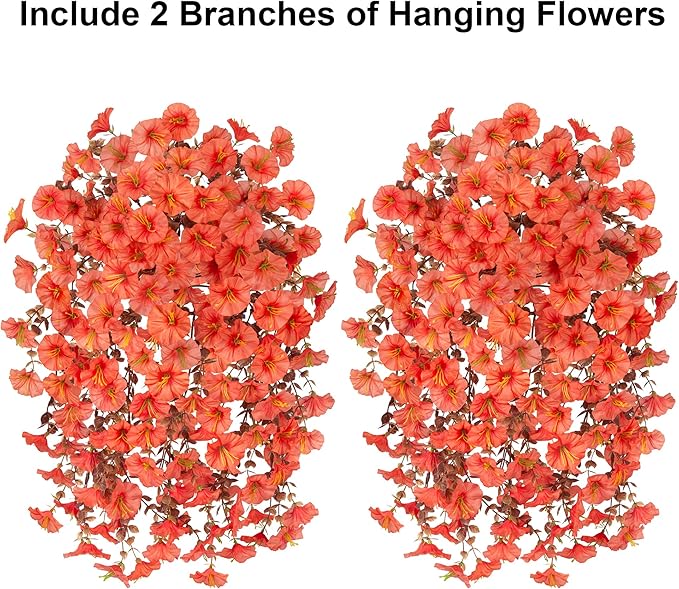 Ivydale 2 PCS Artificial Fall Hanging Flowers Fake Plants Outdoor,Silk Morning Glory Faux Flowers with Eucalyptus Leaves,UV Resistant Realistic Mums Plants for Home Garden Decor (Orange)