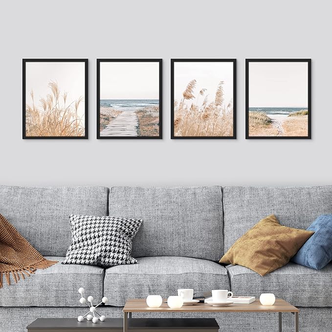 SIGNWIN Framed White Pampas Grass Beach Ocean Shore Horizon Wall Art, Set of 4 Landscape Colorful Wall Decor Prints, Nature Wilderness Wall Décor for Living Room, Bedroom - 11"x14" Black