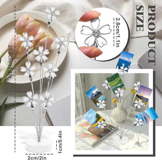 8 Branch Photo Tree Clip, Photo Frame Stand with Clips for Note Paper Wedding Photo Display Office Decoration (White)