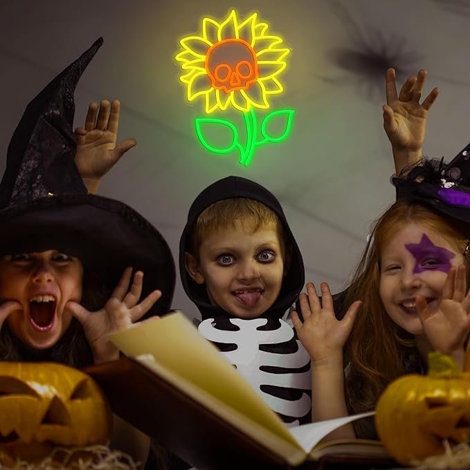 Sunflower Skull Neon Sign Wall Decor USB Powered Skeleton Head Halloween Neon Light Sign Dimmable Funny Halloween Day LED Sign for Trick or Treat Party Backdrop Bedroom Bar Man Cave