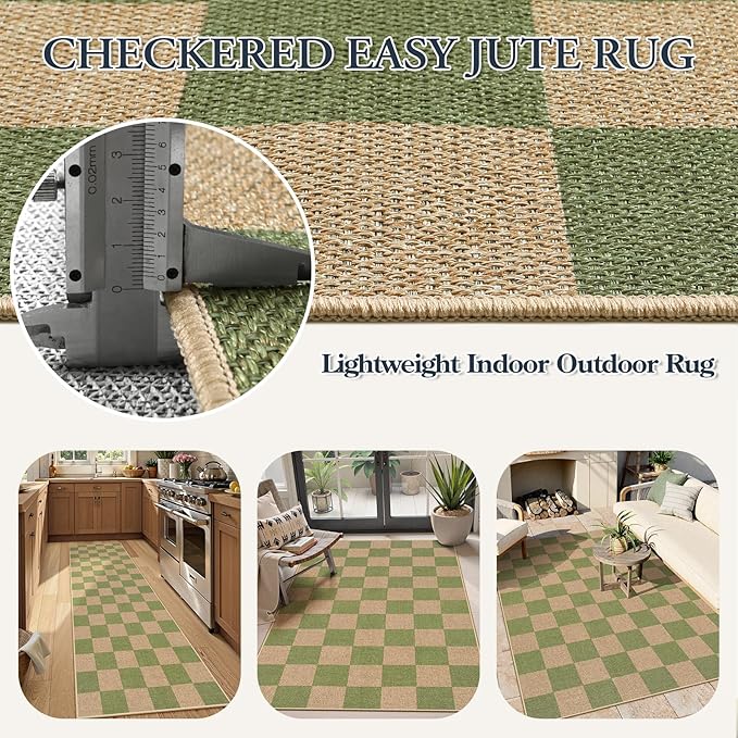 Lahome Checkered 3x5 Washable Rug, Green Easy Jute Rug for Entryway Living Room, Modern Non Slip Non Shedding Indoor Outdoor Carpet for Porch Deck Kitchen