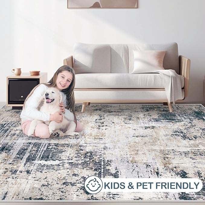 Area Rugs 8x10 Living Room: Washable Rug Modern Abstract Large Rugs Soft Non Slip Neutral Rug Stain Resistant Indoor Carpet for Bedroom Kitchen Dining Room Home Office Rugs(Black Brown,8'x10')