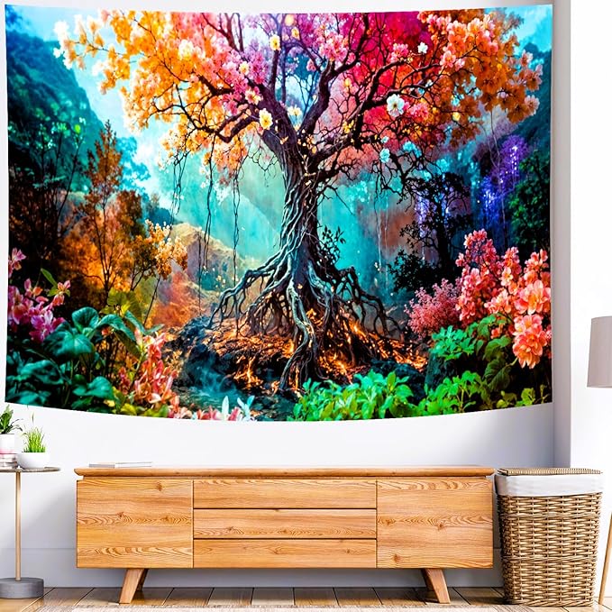 Delur Forest Tapestry Tree of Life Fantasy Tropical Rainforest Tapestry Wall Hanging Colorful Nature Mystical Landscape Psychedelic Spiritual Headboard for Bedroom Living Room Home Decor (59.1" x 78.7")