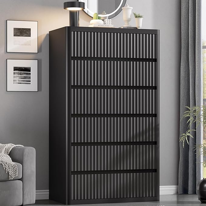 Black 56" Tall Dresser for Bedroom, Fluted Modern 6 Drawers Deep Dressers, Wood Chest of Drawers with Handleless, Curved Profil Storage Closet Dressers for Bedroom, Living Room, Hallway