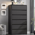 Black 56" Tall Dresser for Bedroom, Fluted Modern 6 Drawers Deep Dressers, Wood Chest of Drawers with Handleless, Curved Profil Storage Closet Dressers for Bedroom, Living Room, Hallway