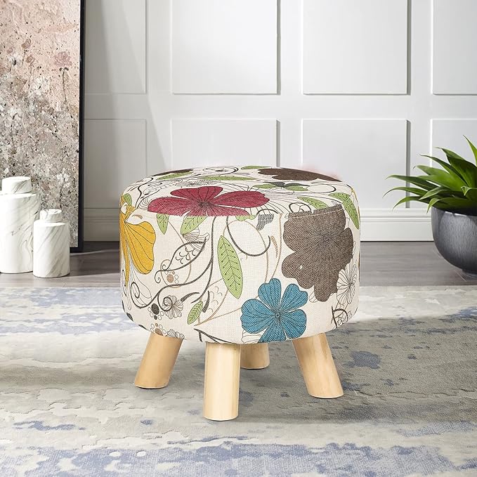 Asense Small Round Ottoman Foot Rest Stool Linen Padded Seat Footstool Ottoman with Anti-Slip Wooden Legs (Flower,Linen)