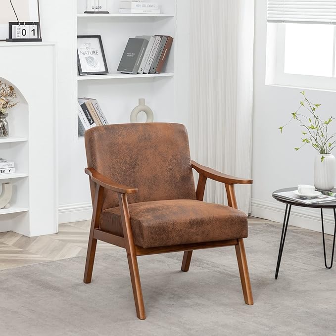 Furnimart Brown Accent Chair, Mid Century Modern Living Room Chair with Wood Frame, Comfy Armchair Wingback Chair for Office Study Vanity Bedroom Waiting Room