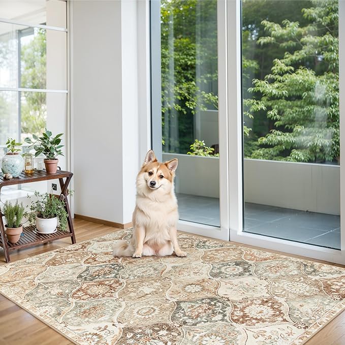 Lahome Moroccan Trellis Small Area Rug, 3x5 Washable Rug for Bedroom Living Room, Non-Slip Oriental Accent Throw Carpet for Kitchen Office Entryway Bathroom Office, Khaki