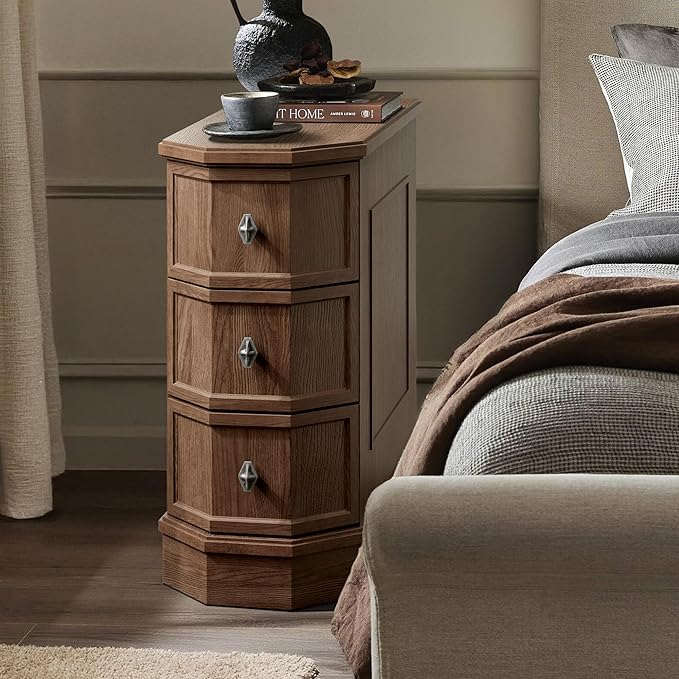 Nightstand Set of 2 with Charging Station, Vintage Wood End Table with 3 Drawer, Victoria Narrow Side Table, Slim Bedside Tables for Bedroom, Pre-Installation, Brown