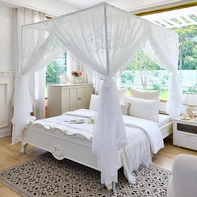 AIKASY Elegant Lace Princess 4-Poster Bed Canopy Mosquito Net - Romantic Wedding Bridal Bedroom Decor, Kids Room Bed Curtain for Women Adults - (White1,Full)