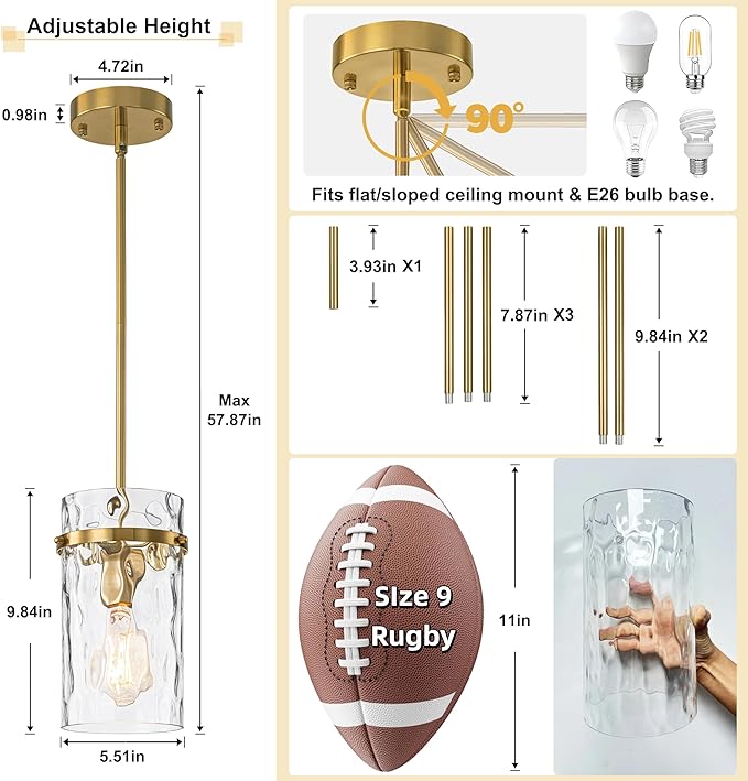 Brass Hammered Hand-Blown Glass Pendant Light, Pendant Lights Kitchen Island Vintage Kitchen Island Lighting Gold Pendant Light Fixtures Dining Room Light Island Lights Pendant Lighting 1 Pack