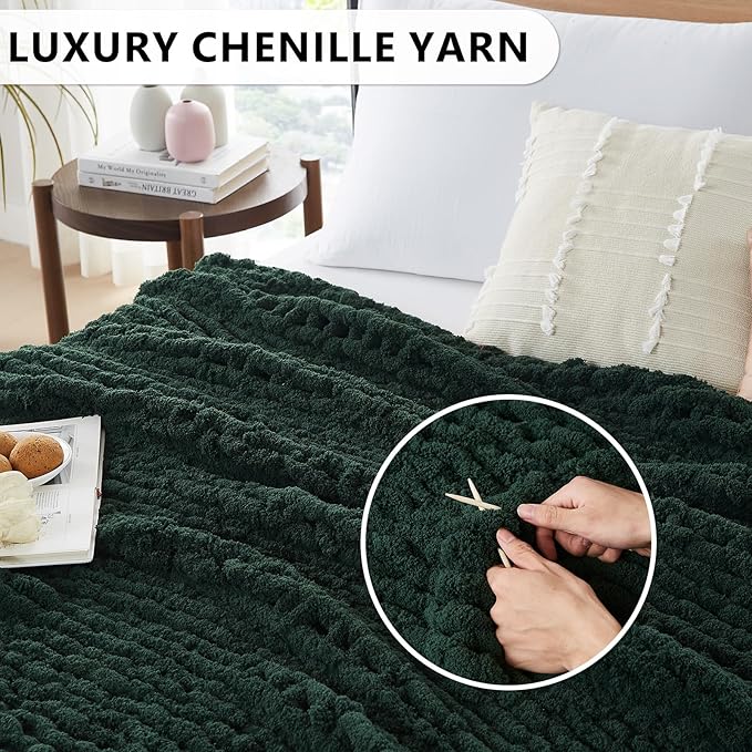 L'AGRATY Chunky Knit Blanket Throw - Soft Chunky Throw Blanket 30x40: 100% Hand Kintted Chenile Crochet Throw Blanket for Couch - Large Cable Knit Chunky Blanket for Home Decor(Olive Green)
