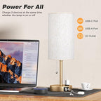 Dicoool Gold Bedside Table Lamp for Bedroom, 17Inch Tall Nightstand Lamp with USB C & A Ports & AC Outlet, 3 Color Temperatures Pull Chain Side Table Lamp for Living Room/Kitchen/Dorm/Office