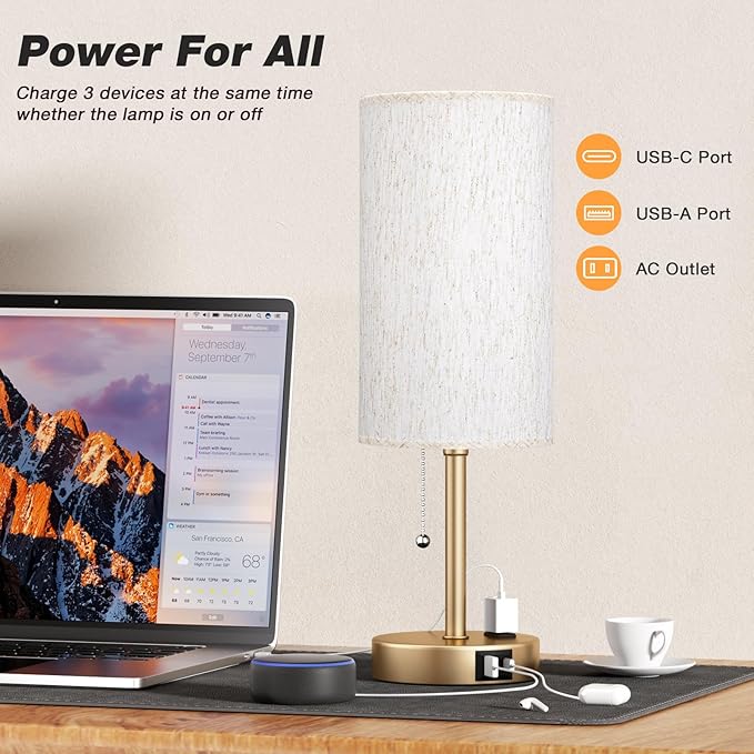 Dicoool Gold Bedside Table Lamp for Bedroom, 17Inch Tall Nightstand Lamp with USB C & A Ports & AC Outlet, 3 Color Temperatures Pull Chain Side Table Lamp for Living Room/Kitchen/Dorm/Office