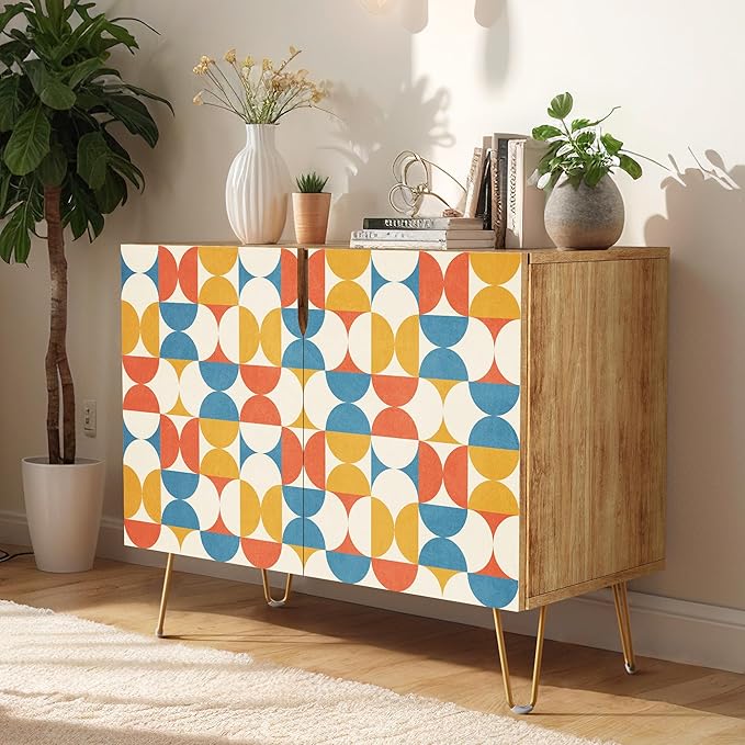 SIGNWIN Sideboard Buffet Cabinet, Kitchen Storage Cabinet with 2 Doors, Vibrant Orange & Blue Polygon, Cupboard Console Table for Dining Room - 35" L x 18" W x 29" H
