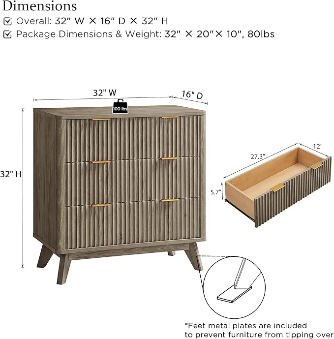 T4TREAM Fluted 3 Drawer Dresser, 32" Tall Modern Chest of Drawers, Curved Profile Design, Wood Drawer Organizer for Bedroom, Living Room, Hallway, Entryway, Grey Alder