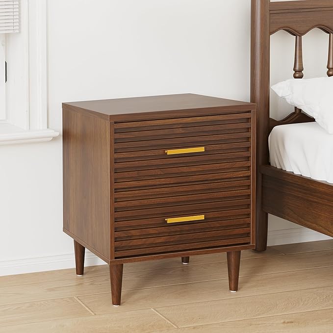 Alohappy Nightstands Set of 2, Mid Century Modern Night Stands, Fluted Bedside Table for Bedroom, Side End Table with Storage Drawers, Vintage Wood Accent Table for Living Room, Brown 2pcs