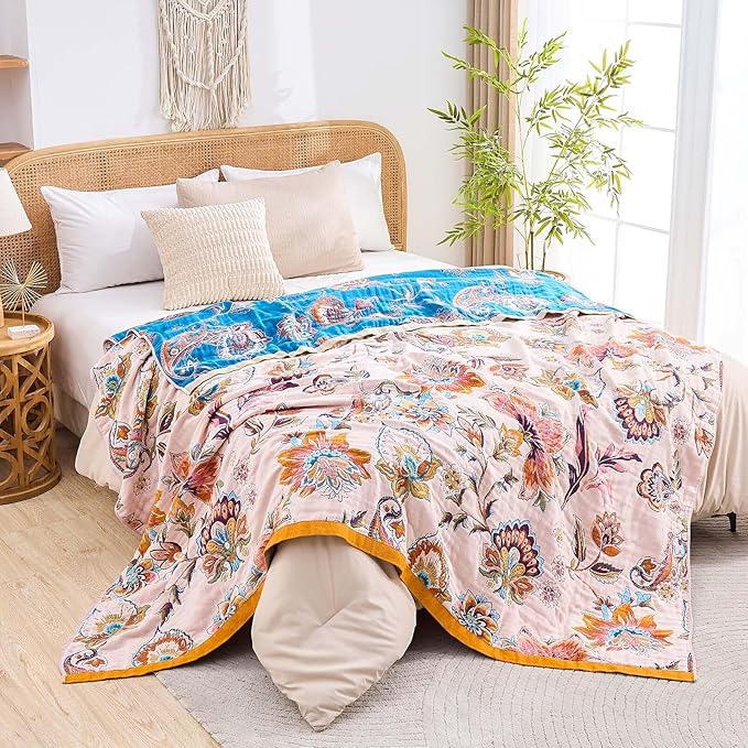 Boho Throw Blanket for Bed, 100% Cotton Soft Rustic Quilt Fall Blanket, 90"x98" Floral Printed Farmhouse Decor Bed Blankets, All Season Rustic Reversible Bohemian Throw Quilt
