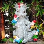 Dragon Gnome Statues Outdoor Decor, 13” Dinosaur Play with Gnomes Garden Statue, Outdoor Statue for All Season Lawn Decor, Garden Decoration, Gardening Gift