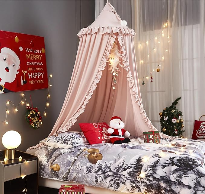 VETHIN Bed Canopy for Girls,Princess Round Dome Dreamy Mosquito Net Bedding Girls Room Castle Play Tent Hanging House Decor Reading Nook Canopies (Beige Pink)