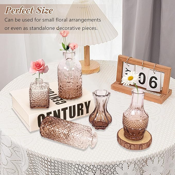 Set of 40 Glass Bud Vases, Small Amber Glass Vases in Bulk, Mini Vintage Embossed Flower Vase for Wedding, Centerpieces, Birthday Party, Baby Shower, Home Table Decorations (Amber)