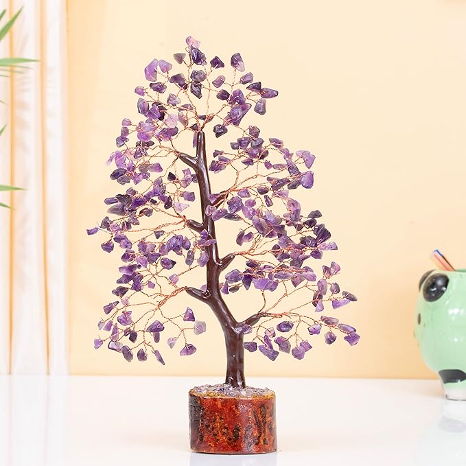 Crocon Amethyst Gemstone Tree Feng Shui Figurine Money Bonsai Chakra Balancing Good Luck Reiki Healing Crystals Decoration Ornament Sculpture Prosperity Table Decor Gift Size 10-12"""