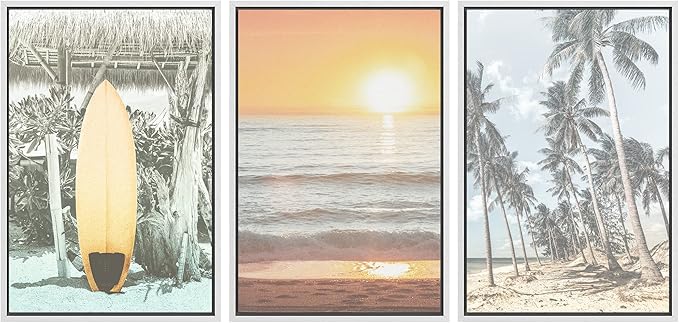 SIGNWIN Framed Canvas Print Wall Art Set Vintage Palm Tree Beach View Sailboat Ocean Nature Wilderness Photography Modern Art Landscape Relax/Calm for Living Room, Bedroom, Office - 24"x36"x3 White