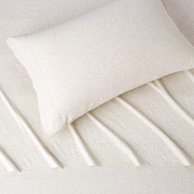 Amazon Basics 3 Piece Bed Sheet Set, 100% Cotton Jersey, Includes Super Soft, Flat and Fitted Sheets, Pillowcase, Twin, Oatmeal, Solid