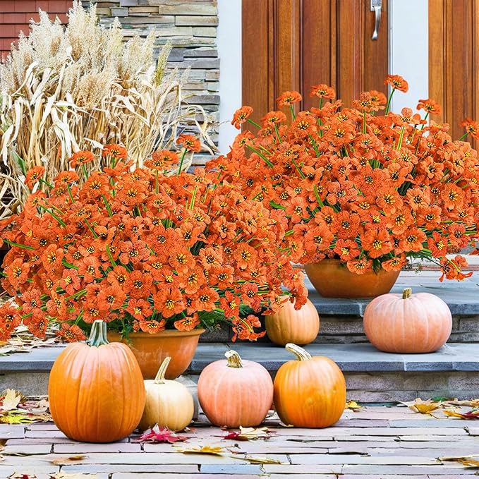 Krissing 48 Bundles Outdoor Artificial Flowers UV Resistant Fake Flowers Faux Plastic Flowers Plants Outside Garden Porch Window Box Fall Decor (Orange)