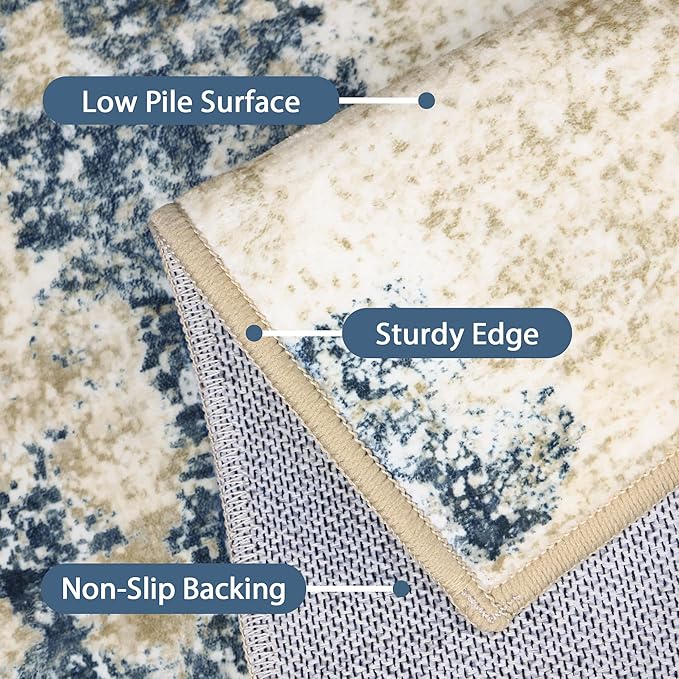 Area Rugs 9x12 for Living Room Bedroom, Modern Abstract Machine Washable Rug, Large Soft Low Pile Floor Cover with Non Slip Backing for Dining Room, Blue Beige