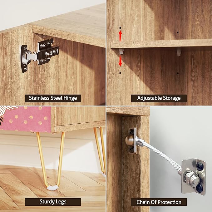 SIGNWIN Sideboard Buffet Cabinet, Kitchen Storage Cabinet with 2 Doors, Colorful Chinese Crane Bird Pattern, Cupboard Console Table for Dining Room - 35" L x 18" W x 29" H