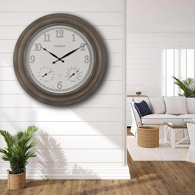 CLXEAST 24 Inch Self-Illuminated in/Outdoor Atomic Wall Clock with Temperature and Humidity, Oversized Large 24 Inch Wall Clocks for Living Room Decor, Brushed Grey Oak Wooden Finish