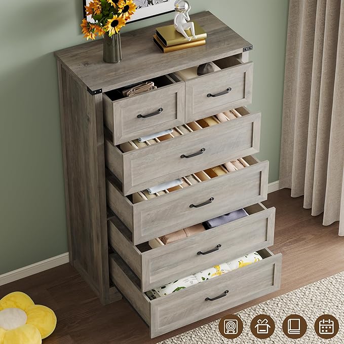 Tall 6-Drawer Dresser for Bedroom, Modern Wooden Chest of Drawers with Metal Handles, Anti-Tipping Design, Sturdy and Stable Storage Organizer for Living Room, Entryway, Home Office, Standard