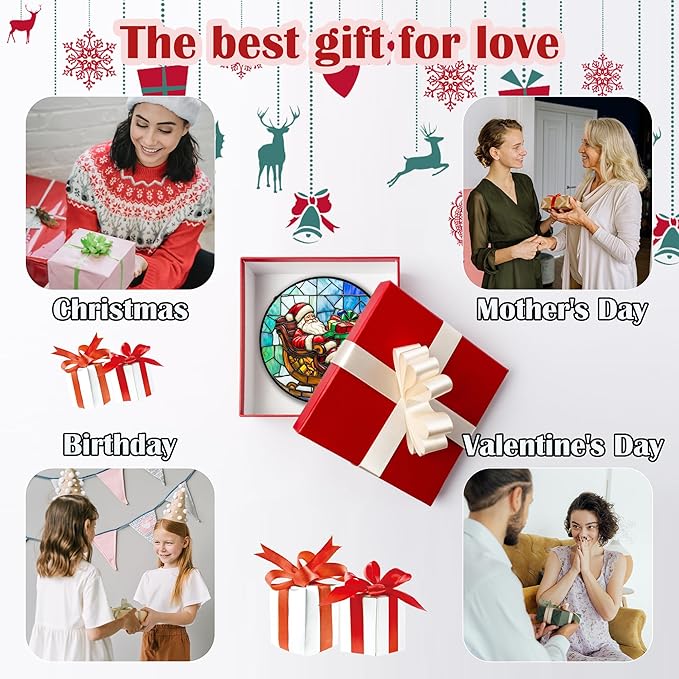 Stained Glass Window Hanging - Santa Claus Gift BoxSuncatcher for Doors Home Christmas Decoration Winter Sun Catcher Thanksgiving New Year Birthday Gift for Women Men Mom Nana 11.8 in