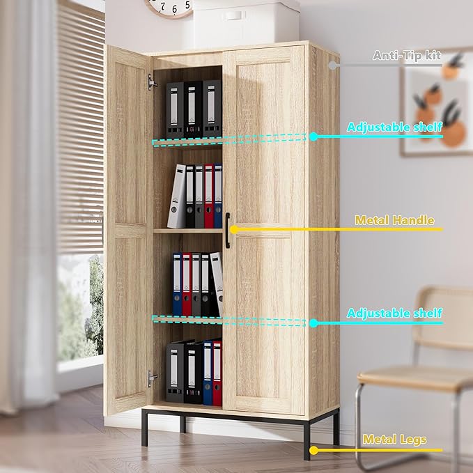 Tall Storage Cabinet, Kitchen Pantry Cabinet with 2 Doors & Adjustable Shelves for Laundry Room, Living Room, Entryway,Bathroom,Natural