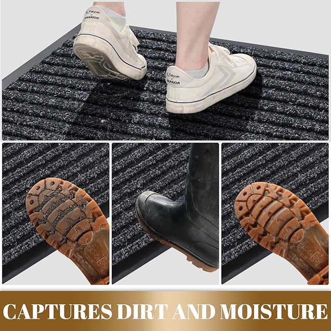 Yimobra Front Door Mat Outdoor Indoor Entrance, 100% Waterproof All-Season All Weather Doormat, Welcome Matt Outside Entry, Non Slip, Low Profile, Heavy Duty Patio Porch Floor Mats,47 x 24,Black Grey