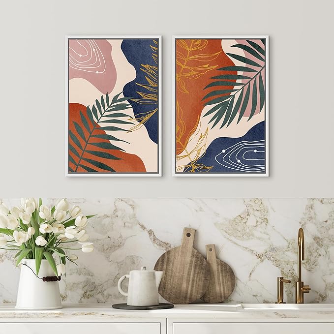 SIGNFORD Framed Canvas Print Wall Art Set Retro Mid-Century Geometric Forest Plants Abstract Shapes Illustrations Modern Art Decorative Bohemian for Living Room, Bedroom, Office - 24"x36"x2 White