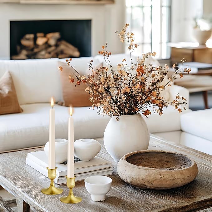 Vintage Brass Gold Taper Candle Holders, Set of 2, Metal Taper Candlestick Holder for Dinner Room Table Centerpiece, Wedding Reception, Festive,Mantel Decoration, Home Decor (Brass Gold, Set of 2)