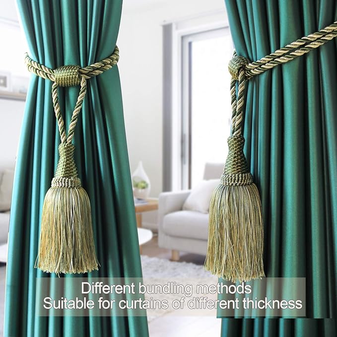Fenghuangwu Curtain Tiebacks Handmade Elegant Curtain Tie Backs Holdbacks with Tassel for Home Office Decor 2 Pack - Green