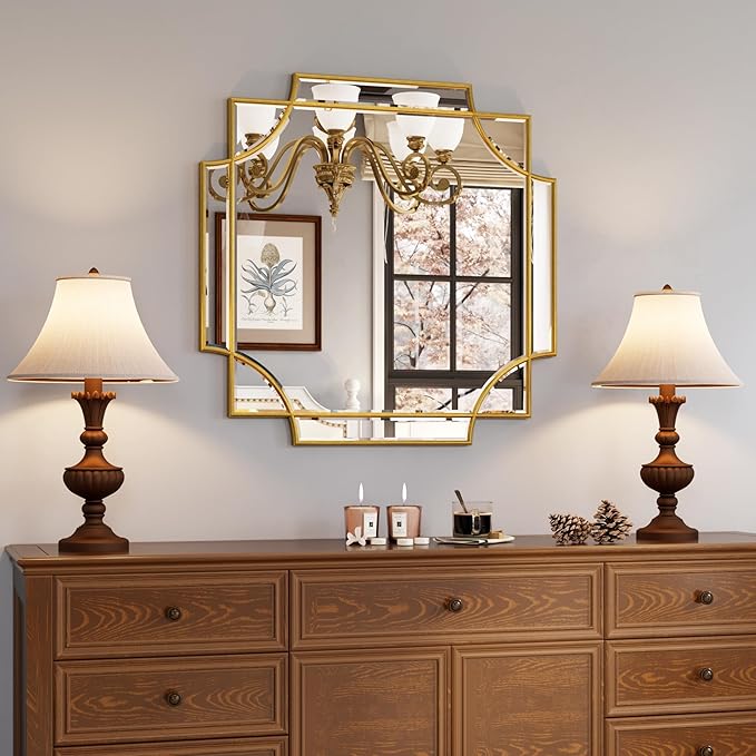 Kelly Miller Gold Framed Mirror for Wall, 26"x26" Gold Square Wall Mirror Vanity Mirror Decorative Mirror Beveled Wall Decor for Bathroom Powder Room Living Room Bedroom Bedside Table Entryway Hallway