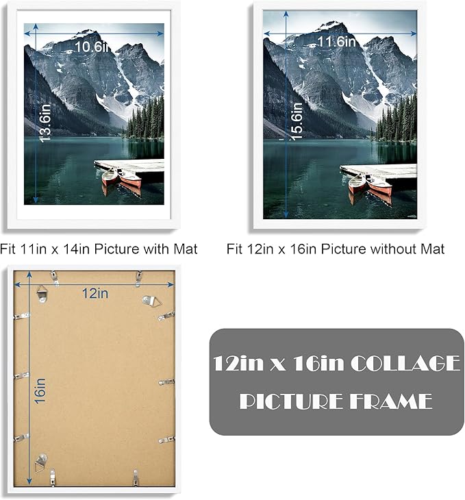 12x16 Picture Frame Set of 3 - Display 11x14 Photo with Mat or 12 x 16 Poster without Mat, Wall Mounting Horizontal and Vertical, White