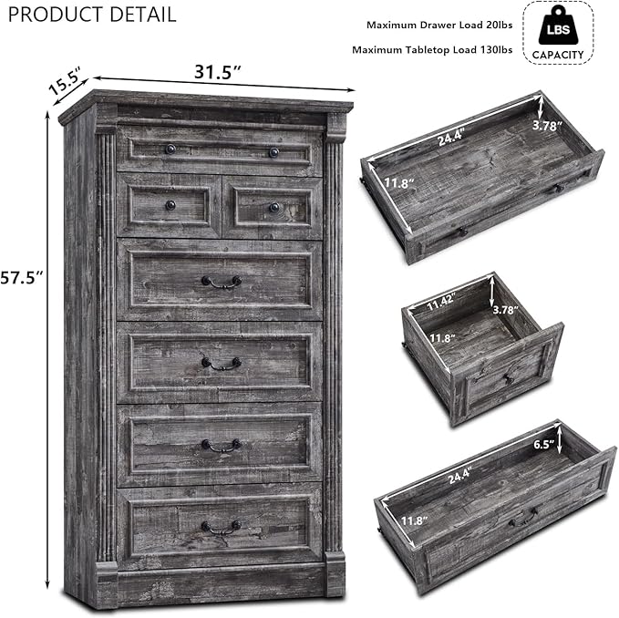 Farmhouse 7 Drawers Dresser for Bedroom, 57" Tall Large Dressers & Chests of Drawers w/Roman Column, Storage Dressers Organizer for Bedroom, Hallway, Living Room, Light Grey