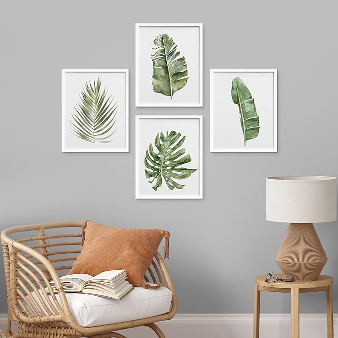 SIGNWIN Framed Banana Palm Monstera Leaf Wall Art, Set of 4 Green Pastel Wall Decor Prints, Nature Wilderness Wall Décor for Living Room, Bedroom - 11"x14" White