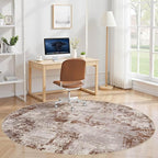 Tortania Washable 7' Round Area Rug for Living Room: Modern Abstract Neutral Large So' Thin Rugs - Non Slip Indoor Carpet for Bedroom Dining Room Office Nursery Home Floor Decoration - Brown