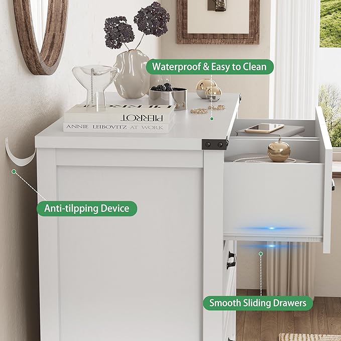 Dresser for Bedroom with 6 Drawers, 46" Tall Wood Chest of Drawers with Deep Drawers & Mental Handle, Modern Dresser TV Stand, Wooden Closet Storage Organizer for Living Room, Hallway, Entryway, White