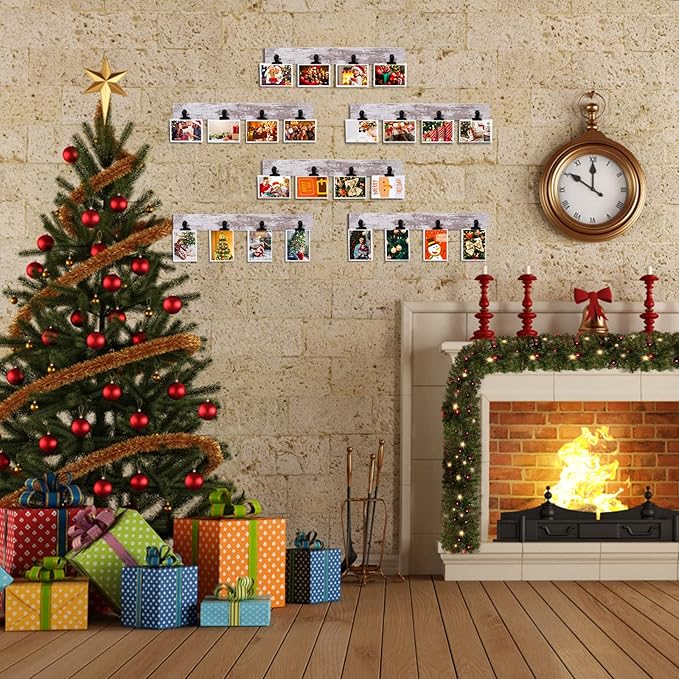 Picture Frame With 24 Clips,Large Size Collage Photo Frames, Hanging Wall Decor Frame, Organize and Display Photos, Artwork. No Assembly Required, Distressed White